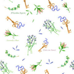 Fototapeta premium Watercolor seamless pattern with vintage keys lavender bouquet and pink rose buds. Hand drawn botanical illustration for creative wedding invitation design packaging artwork. Real watercolor painting