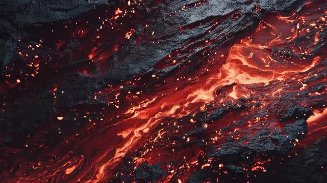 Lava flows from a volcano in a remote area at night creating a bright orange glow and sparks
