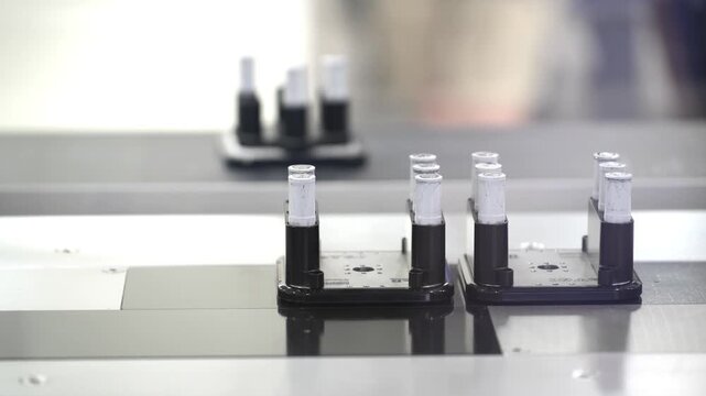 An automated robotic manufacturing system precise places cylindrical components onto bases on a factory assembly line during an industrial automation demonstration.