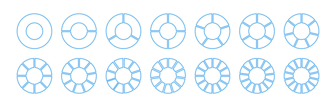 Wheel white blue round divided diagrams from one to fourteen segments. Coaching blank. Infographic set. Circle division on 1, 2, 3, 4, 5, 6, 7, 8, 9, 10, 11, 12, 13, 14 equal parts