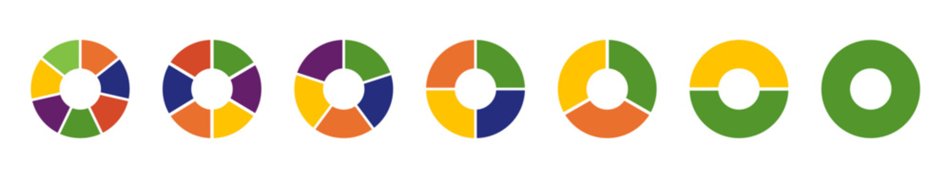 Multicoloured diagrams infographic. Circle section graph. Wheels divided in sections. Loading bar mockup. Pie or pizza chart layout. Multicolored donut chart, pies segmented on from 1 2 3 4 5 6 7 equa