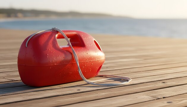 Red lifeguard rescue can on a wet wooden boardwalk by the beach at sunset, representing emergency response and coastal safety concept with copy space