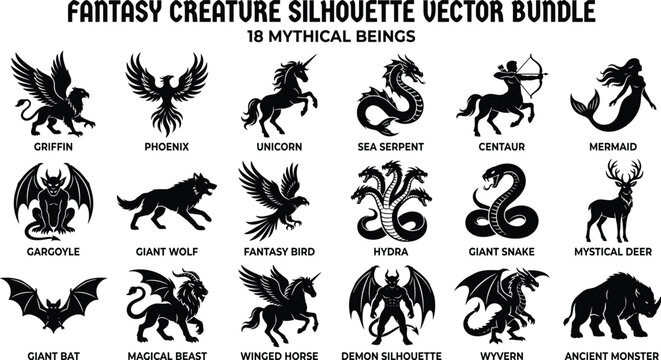 Fantasy Creature Silhouette Vector Collection with Mythical Monsters and Legendary Beings