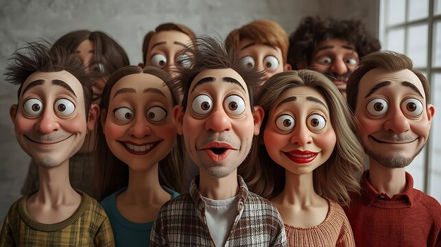 Big diverse group of funny cute cartoon 3d style human faces smiling