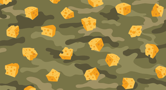 Seamless camouflage pattern combined with scattered yellow cheese wedges with holes on a green and brown background.