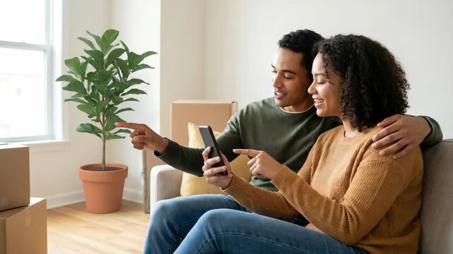 African american woman and man using augmented reality app on smartphone to decorate living room interior. Couple planning home renovation with digital technology.