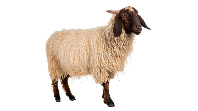 Fluffy small sheep with black head standing looking forward isolated on transparent background
