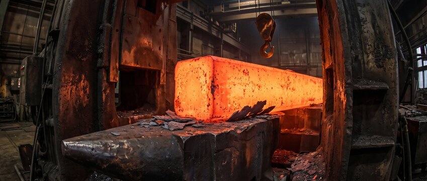 Glowing red hot steel billet sitting on an anvil inside a heavy hydraulic forging press in a dark industrial factory
