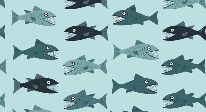 Seamless pattern of aggressive looking blue fish with sharp teeth and large white eyes swimming in a row on blue.