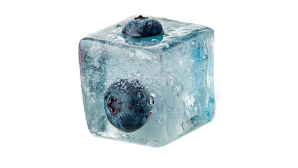 Single fresh blueberry berry frozen inside a clear solid ice cube isolated on transparent background © Olga