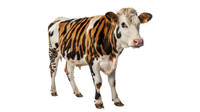 Adult domestic cow with brown tiger stripes pattern standing looking alert isolated on transparent background