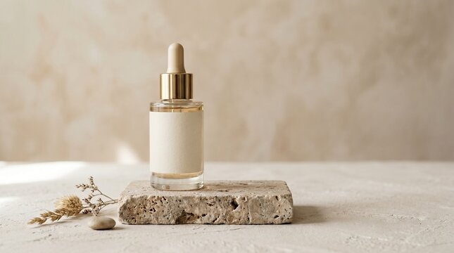 Luxury Skincare Spray Bottle Mockup on Flat Rock over Textured Linen Fabric by Window