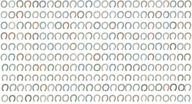 Large seamless pattern featuring rows of various colored horseshoes on a white background representing luck and equestrian themes.