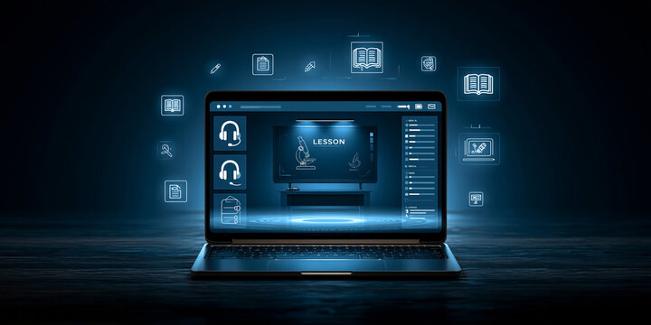 Online science lesson on laptop with digital icons