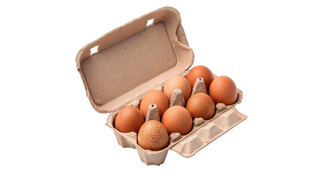 Open cardboard egg carton box filled with fresh brown chicken eggs isolated on transparent background