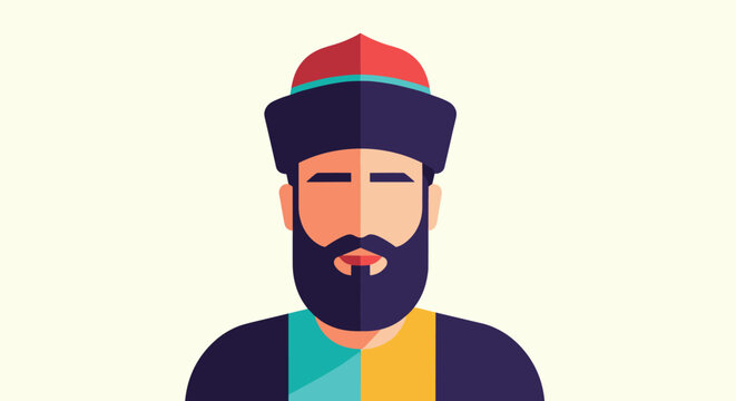Symmetrical flat vector portrait of a bearded man wearing a traditional tall purple hat and a colorful garment on a cream background.