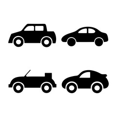 Fototapeta premium Car Icon Collection: A graphic representation featuring four distinct black car icons, showcasing a variety of vehicle silhouettes from different angles and styles.