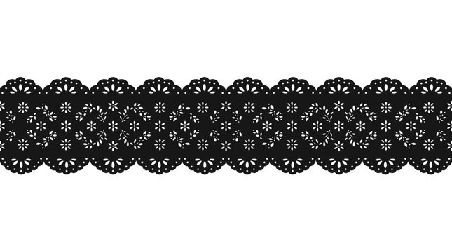 Elegant black lace border with intricate floral pattern and scalloped edges on a white background, perfect for decorative design elements.