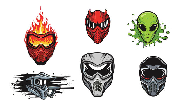 Set of six various paintball or airsoft protective masks with different themes including fire demon alien and camouflage designs.