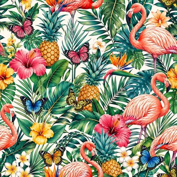 Seamless tropical pattern with pink flamingos, pineapples, colorful butterflies and hibiscus flowers on exotic palm leaves background