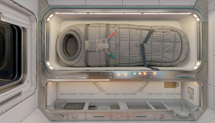 Interior of a futuristic spacecraft module in low Earth orbit habitat with microgravity interior design for luxury space travel and human spaceflight mission.