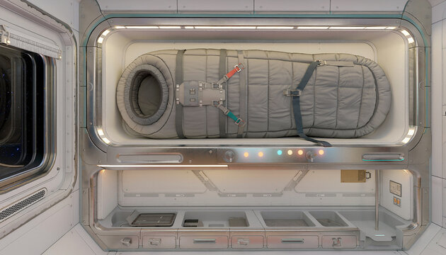 Interior of a futuristic spacecraft module in low Earth orbit habitat with microgravity interior design for luxury space travel and human spaceflight mission.