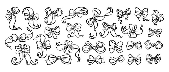 Fototapeta premium Cute Coquette Aesthetic Ribbon Bow Set. Elegant Vintage Outline Hand Drawn Doodle Flourish Decor. Vector illustration. Isolated Trendy Girly accessories element on white background.