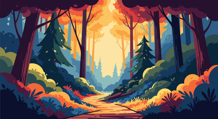Obraz premium Vibrant autumn forest path landscape vector illustration with glowing trees and foliage during golden hour