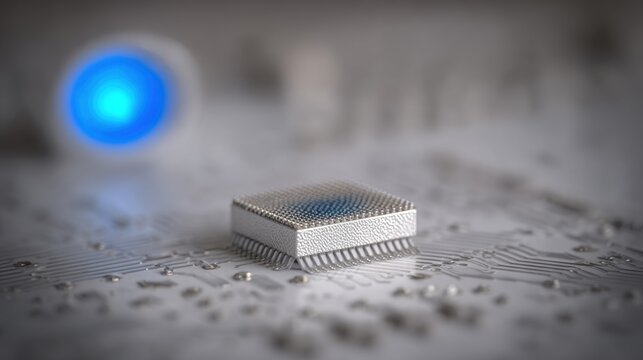 Tiny nanotech AI module placed on PCB with blue light glowing in background showcasing advanced technology in microelectronics and circuitry
