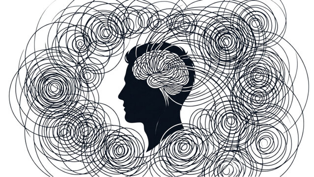 Human Head Surrounded by Infinite Circular Loop Lines &ndash; Repetitive Anxious Thinking Concept Vector Illustration