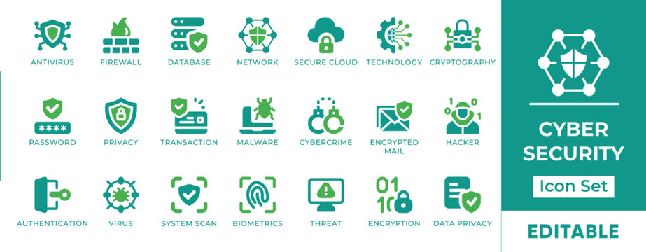 Cyber Security Antivirus Firewall Hacker Malware Encryption Database Privacy Vector Icon Set