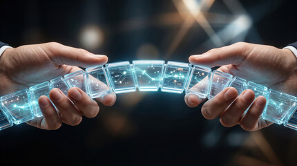 Fototapeta premium Digital workforce skills transformation concept with hologram data block chain and human hand connection glowing softly