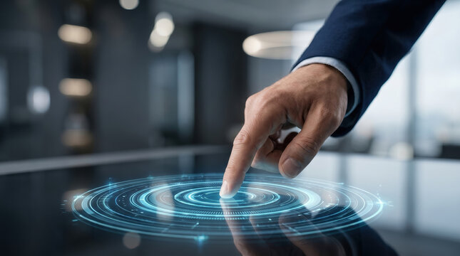 Digital transformation workforce skills interface touch screen futuristic circle hologram concept shows modern worker adapting new technology fast
