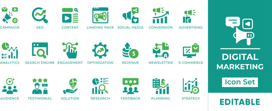 Digital Marketing SEO Campaign Analytics Strategy Audience Optimization Landing Page Branding Vector Icon Set