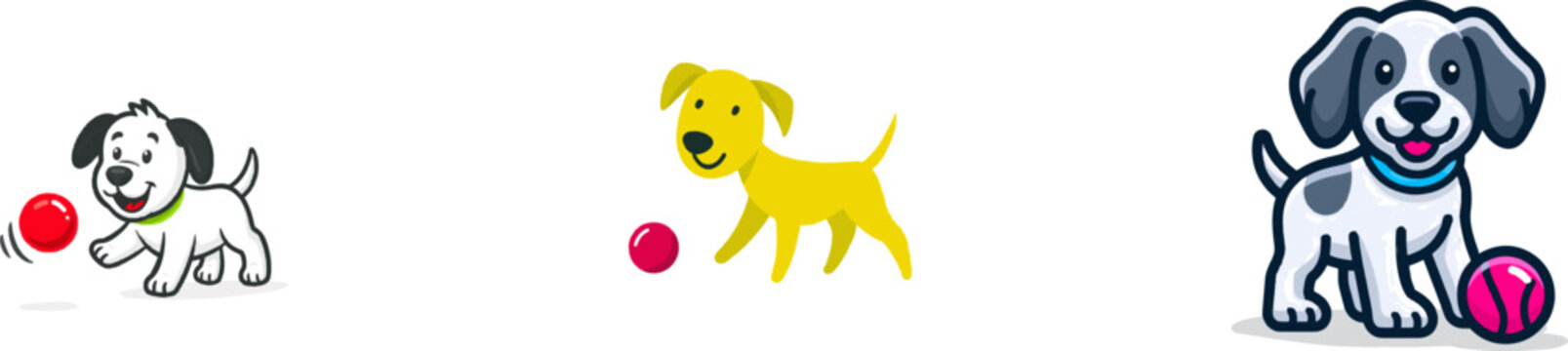 A cheerful puppy with a black spot on its head joyfully chases a bright red ball in a vibrant, whimsical illustration set against a solid white background