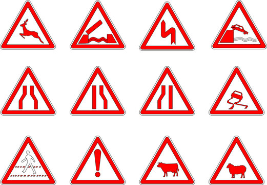 Collection of triangular warning traffic signs with red borders featuring symbols for animals, road works, and hazards. Vector road safety graphics.