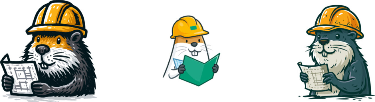 A cute beaver in a yellow hard hat is holding a tiny blueprint paper, surrounded by vibrant colors and bold outlines on a solid white background