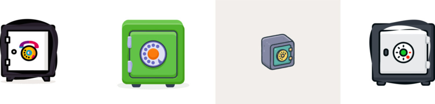 A whimsical, child-like illustration of a heavy iron safe with a combination dial lock made from an old rotary phone dial, rendered in vibrant cheerful colors against a solid white background