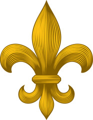 A fleur de lis or fleur de lys stylised lily flower royal heraldic medieval heraldry symbol in a vintage woodcut etching illustration style. © Christos Georghiou