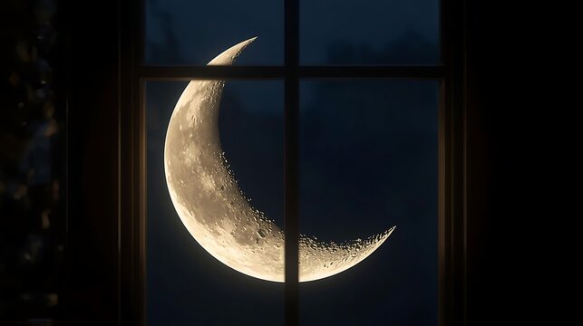 A thin moon arc is seen out of a dark room window at late night
