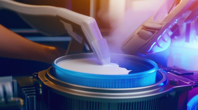 Applying thermal paste carefully on CPU surface for better heat conduction during computer assembly or upgrade process in a workshop