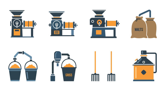 Brewing Equipment Icon Set: Malt Grinder, Mash Tun, Fermenter, Still