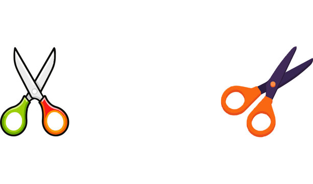 A pair of blunt safety scissors with vibrant hues, bold outlines, and whimsical charm, isolated against a solid white background for high contrast vector tracing