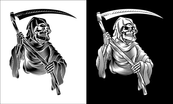The grim reaper or death holding a scythe in a vintage retro woodcut style