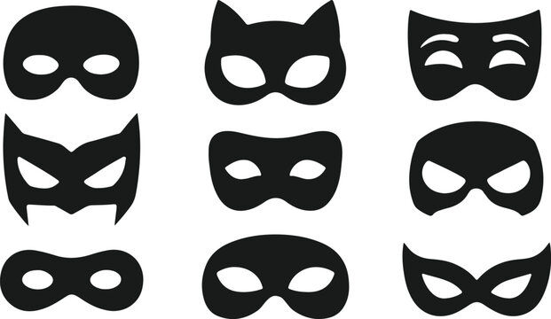 Set of black superhero masks isolated on white background