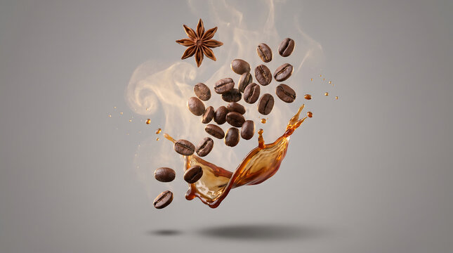 Roasted coffee beans falling with liquid splash and star anise, aromatic steam swirls on neutral background, dynamic coffee explosion for cafe advertising and menu design