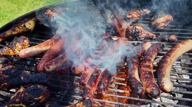 Close-up of meat sausages and chicken legs roasting on hot charcoal grill with thick smoke outdoors