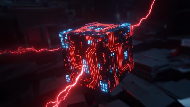 3D futuristic AI cube floating in a dark tech environment, its surface covered with glowing
