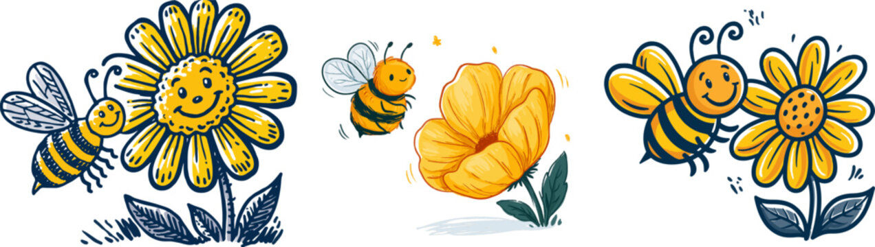 A cheerful bumblebee with bold outlines is seen near a joyful yellow flower, both depicted in vibrant, child-like doodle style against a solid white background