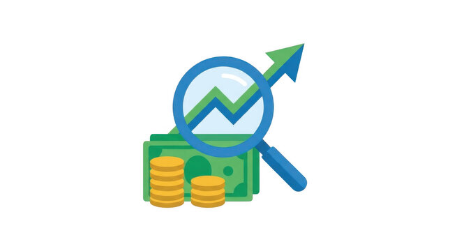 Magnifying glass over rising financial graph with currency symbolizing business growth and investment analysis